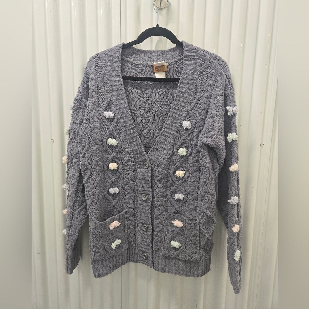 POL Heather Gray Cardigan with Soft Pastel Details SM OVERSIZED
